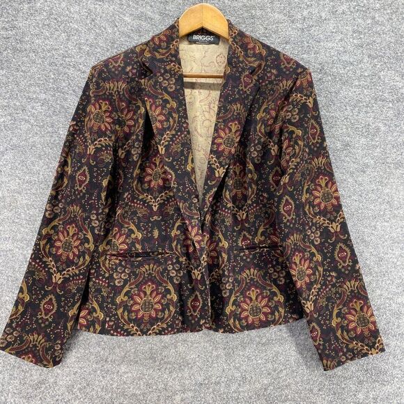 Briggs Blazer Women LP Petite Black Geometric Collared Long Sleeve Open Front - Picture 1 of 8
